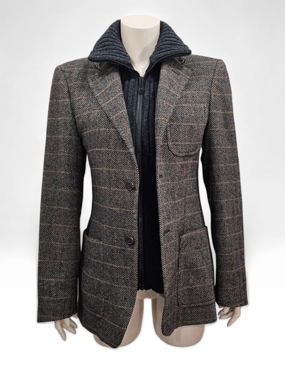 BENETTON Vtg Women Wool Blend Layered Ribbed Knit Zip Collar Blazer Jacket M